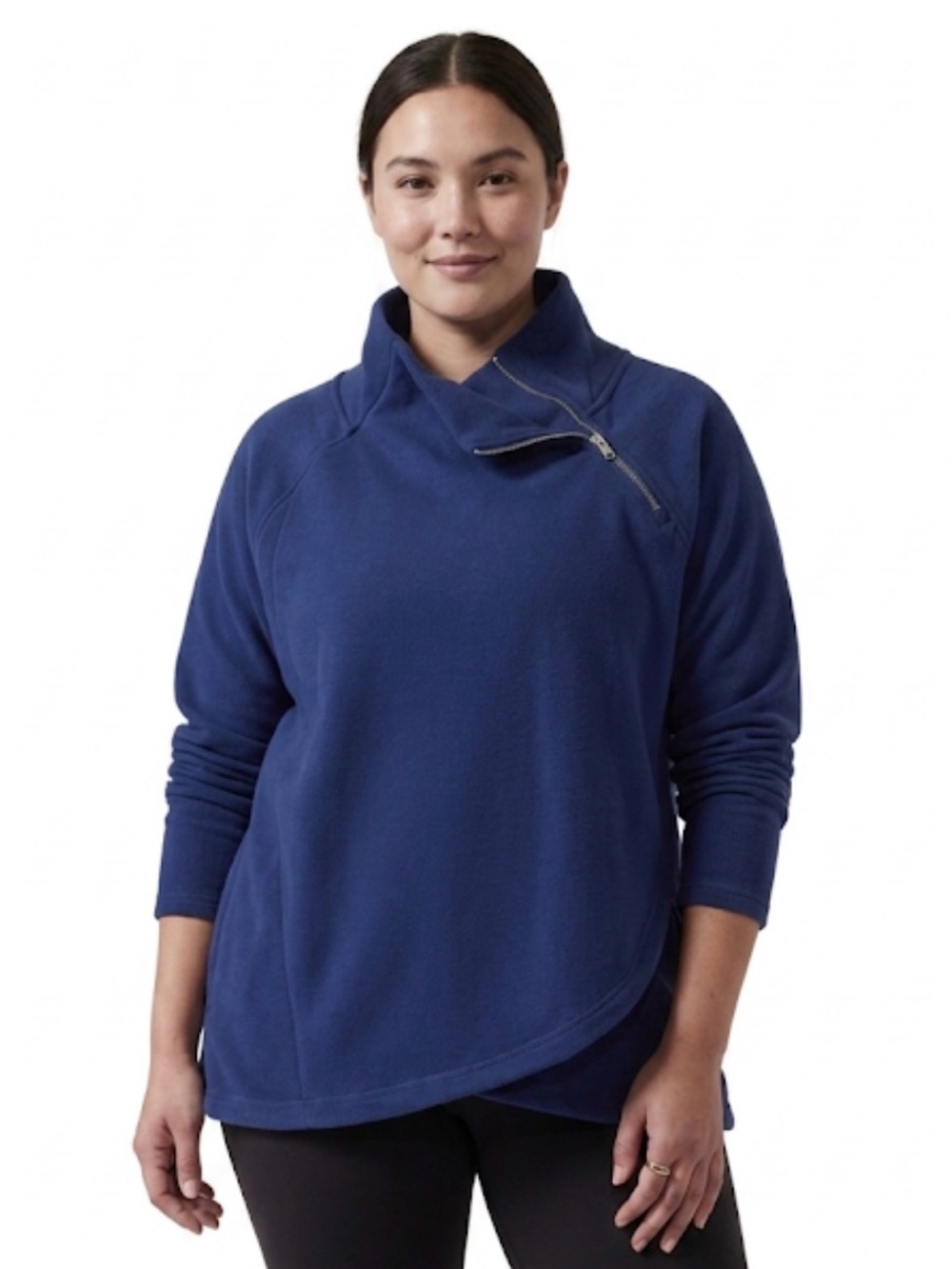 Athleta Cozy Karma Asym Pullover is a deep navy blue sweatshirt, fleece, Large